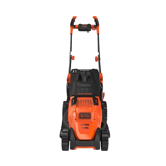 Front view of a BLACK+DECKER 1400W electric lawn mower with a 34 cm cutting width. The mower is orange and black, featuring ergonomic handles and four sturdy wheels.