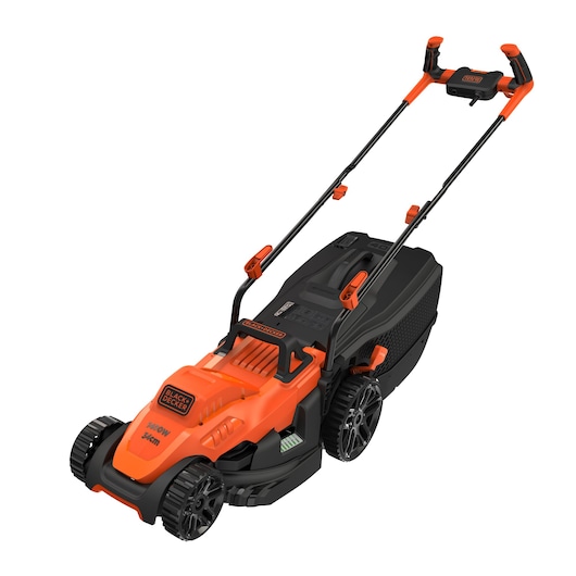 A BLACK+DECKER electric lawn mower with a black and orange design, featuring large wheels and a handle for pushing. The grass collection box is mounted at the rear.