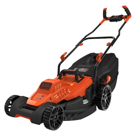 A BLACK+DECKER electric lawn mower with an orange and black design, featuring large wheels, a handle with ergonomic controls, and a grass collection box at the back.