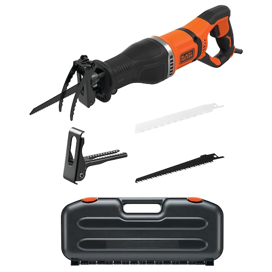 BLACK+DECKER reciprocating saw kit including an orange and black electric saw, different saw blades, a metal accessory, and a black carrying case.