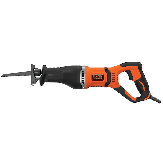 A BLACK+DECKER reciprocating saw with an orange and black body and a visible blade, shown against a white background.