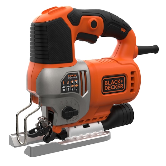 A BLACK+DECKER electric jigsaw with an orange and black handle, adjustable power settings, and metal base. The tool is designed for precise wood and metal cutting.