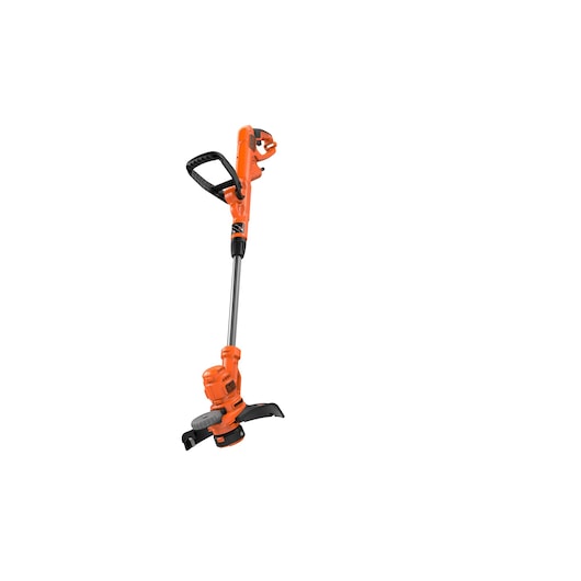 An orange and black BLACK+DECKER electric grass trimmer with a straight shaft, adjustable handle, and cutting head, shown on a white background.