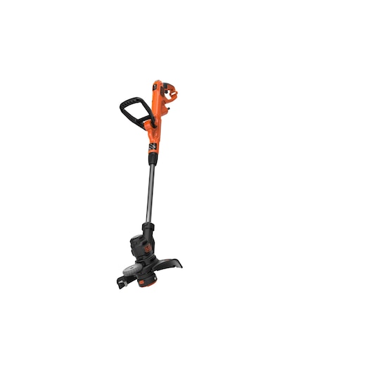 A BLACK+DECKER orange and black electric grass trimmer with adjustable handle and shaft.