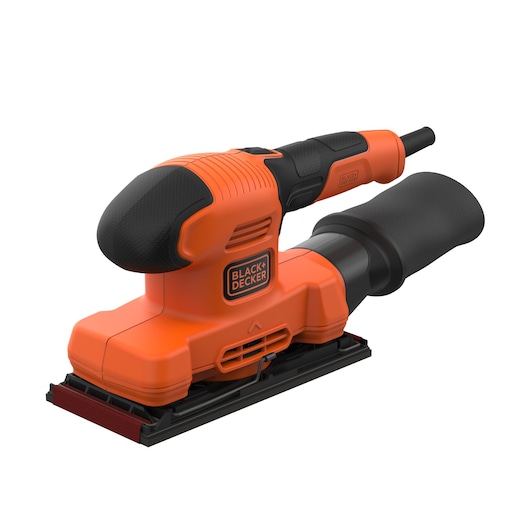 A BLACK+DECKER orange and black electric sander with a rectangular base and dust collection attachment, suitable for woodworking and surface finishing.