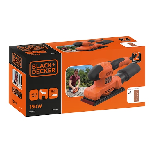 Packaging of a BLACK+DECKER BEW220 electric sander, showing the orange and black tool, key features like 150W power and dust collection, and an image of a person using the sander outdoors.