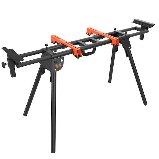 A BLACK+DECKER BEZ100 photography equipment stand with a sturdy black metal frame and orange brackets, designed for supporting cameras or lighting equipment.