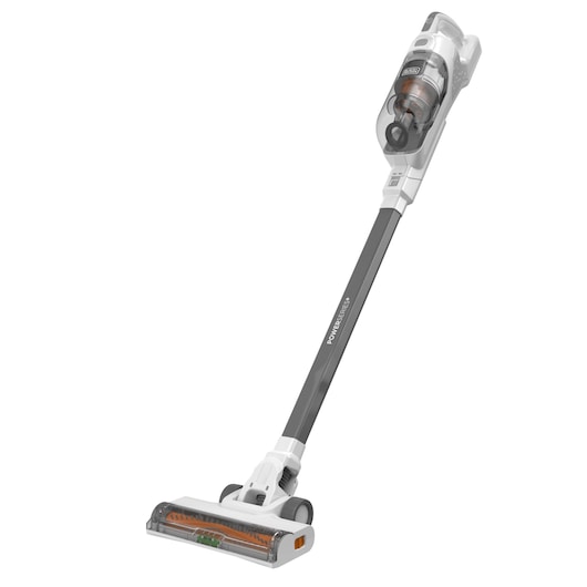 A cordless stick vacuum cleaner with a transparent dust canister, featuring a long handle and a motorized brush head.
