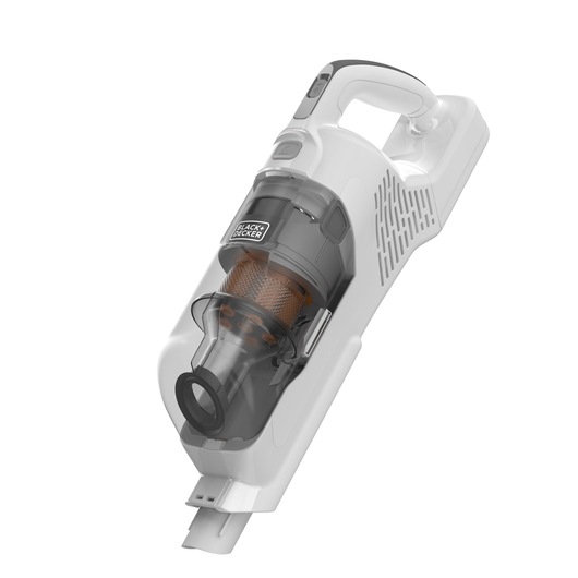 A BLACK+DECKER handheld cordless vacuum cleaner with a transparent dust container and white body.