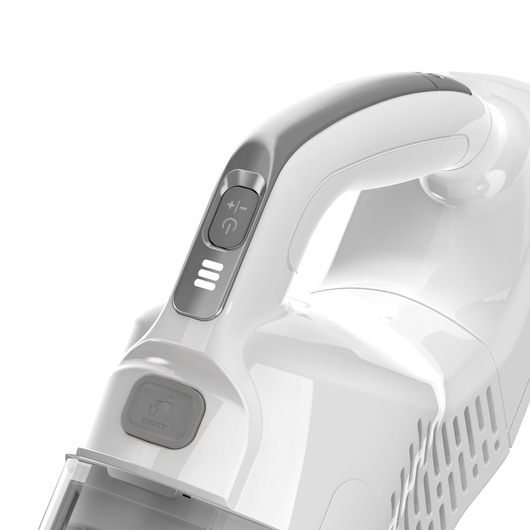 Close-up view of the handle and control buttons on a white BLACK+DECKER cordless vacuum cleaner.