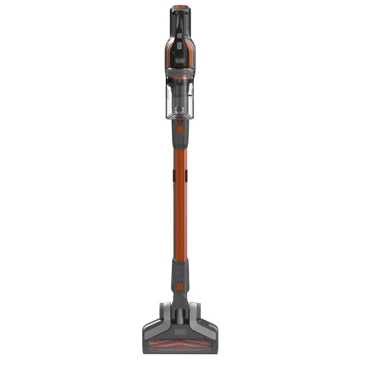 A BLACK+DECKER cordless stick vacuum cleaner with an orange and black design, shown upright against a white background.