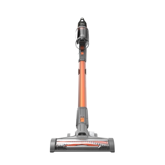 Front view of a BLACK+DECKER cordless stick vacuum cleaner with an orange and grey design, shown against a white background.
