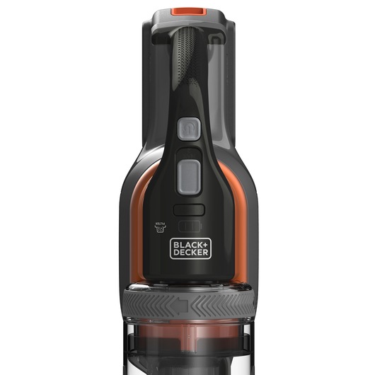 Close-up view of a BLACK+DECKER cordless handheld vacuum cleaner, showing the control buttons and the brand logo on the front.