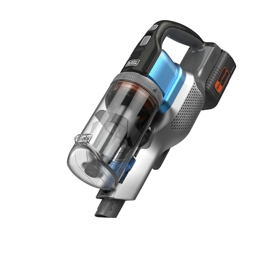 A BLACK+DECKER cordless handheld vacuum cleaner with a transparent dust container and a visible 36V lithium battery.