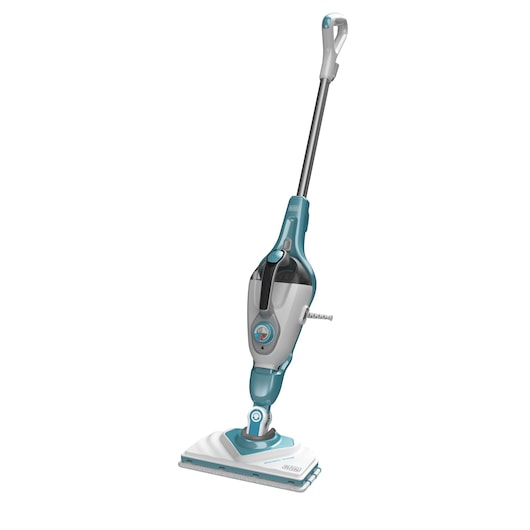 A teal and white BLACK+DECKER steam mop standing upright on a white background.