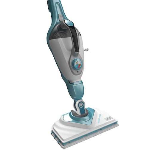 A close-up image of a BLACK+DECKER steam mop with a triangular base, featuring a light gray and turquoise design. The mop head is fitted with a cleaning pad.