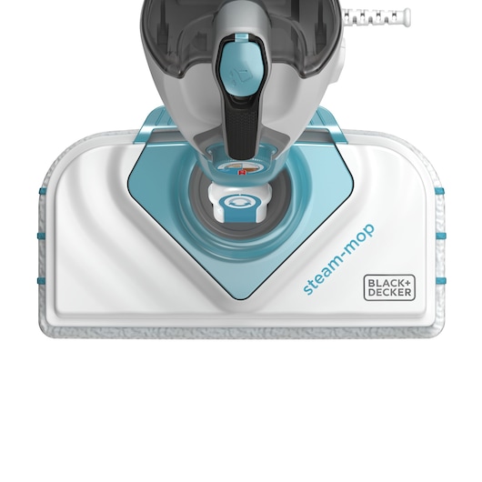 Close-up view of a BLACK+DECKER steam mop with a white and blue cleaning head, showing the BLACK+DECKER logo and the word 'steam-mop' printed on the surface.