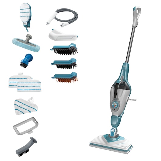 BLACK+DECKER steam mop BHSM1610DSM with various cleaning attachments and accessories, including multiple brush heads, mop pads, a hose, and a handheld steam cleaner, all displayed against a white background.