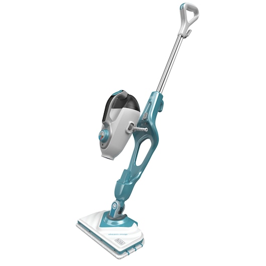 A blue and white upright steam mop with a detachable handheld unit, shown on a plain white background.