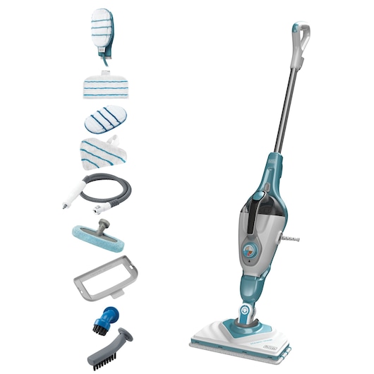A BLACK+DECKER steam mop with various cleaning accessories, including microfiber pads, cleaning brushes, hose, and attachment heads, all arranged on a white background.