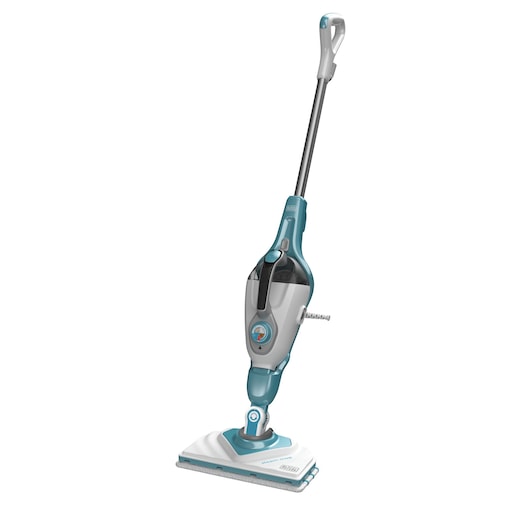 A BLACK+DECKER steam mop with a triangular cleaning head and a long handle, shown in a standing position against a white background.
