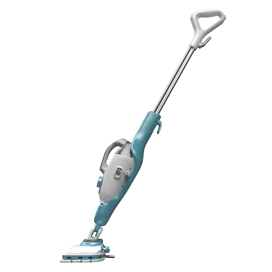 A BLACK+DECKER steam mop with a detachable handheld unit, showing a white and teal design, angled to the left against a plain white background.