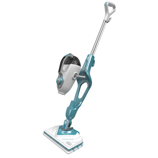 A BLACK+DECKER steam mop with a detachable handheld cleaning unit. The product is mainly white and teal, designed for floor cleaning.