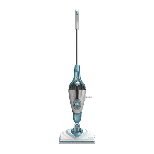 A front view of a BLACK+DECKER upright steam mop with a turquoise and white design, featuring a long handle and a rectangular cleaning head.