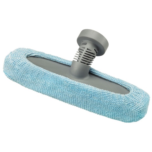 A close-up of a cleaning tool attachment with a grey plastic base and a removable blue microfiber pad.