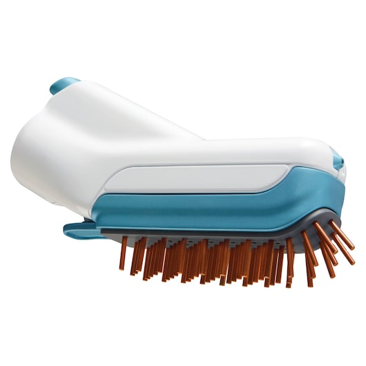Close-up of a BLACK+DECKER cleaning brush head attachment with white, blue, and orange coloring, showing bristles designed for deep cleaning.