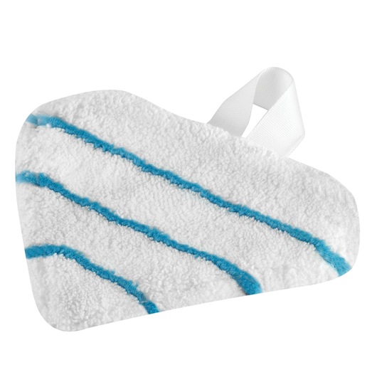 A white microfiber cleaning pad with blue stripes and a white fabric loop, designed for use with steam mops.