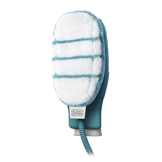 A BLACK+DECKER handheld steam mop with a white and blue striped cleaning pad attached, designed for cleaning surfaces.