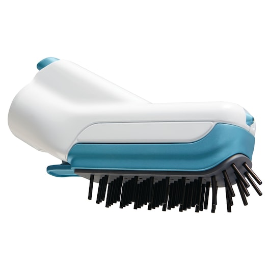 A close-up image of a BLACK+DECKER cleaning brush attachment with blue and white plastic housing and black bristles.