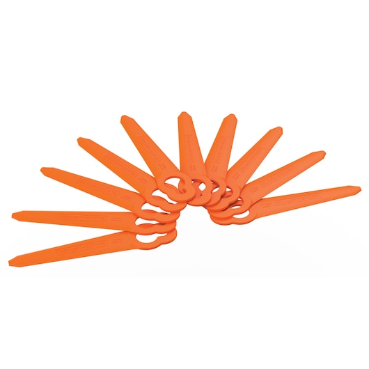 A set of ten orange plastic replacement blades for BLACK+DECKER garden trimmers, arranged in a fan shape on a white background.