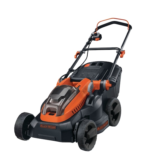 A BLACK+DECKER cordless lawn mower with an orange and black design, featuring a sturdy handle and large wheels, shown against a white background.