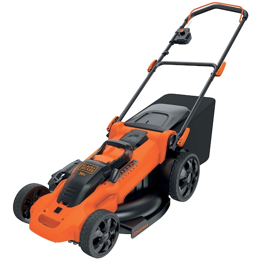 A BLACK+DECKER cordless lawn mower in orange and black with a grass collection box, designed for easy maneuvering and lawn maintenance.