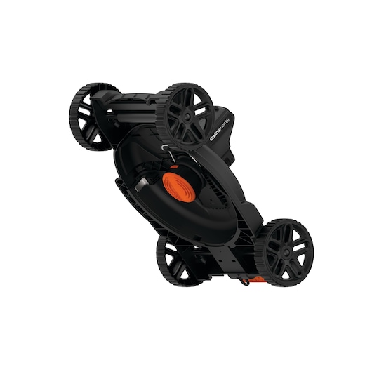 A BLACK+DECKER CM100 lawn mower shown from the underside, highlighting the blades and wheels in a black and orange color scheme.