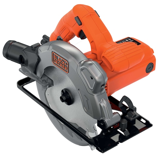 A BLACK+DECKER electric circular saw with an orange and black design, featuring a metal blade guard and ergonomic handle.