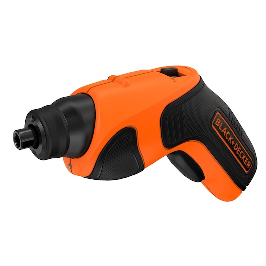 Cordless electric screwdriver by BLACK+DECKER, orange and black in color, with ergonomic handle and compact design.