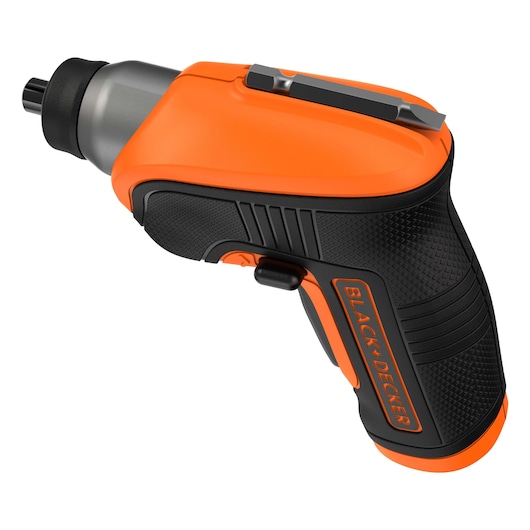 A close-up image of a BLACK+DECKER cordless electric screwdriver with an orange and black ergonomic grip. The tool features a dual material handle and a removable bit attached to the top.