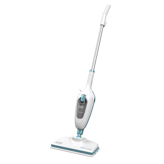 A white and light blue upright steam mop, featuring a long handle and a rectangular cleaning head. The product is designed for cleaning floors.