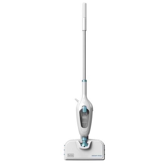 A BLACK+DECKER steam mop with a white and gray body, blue accents, and a rectangular cleaning head, shown standing upright against a white background.
