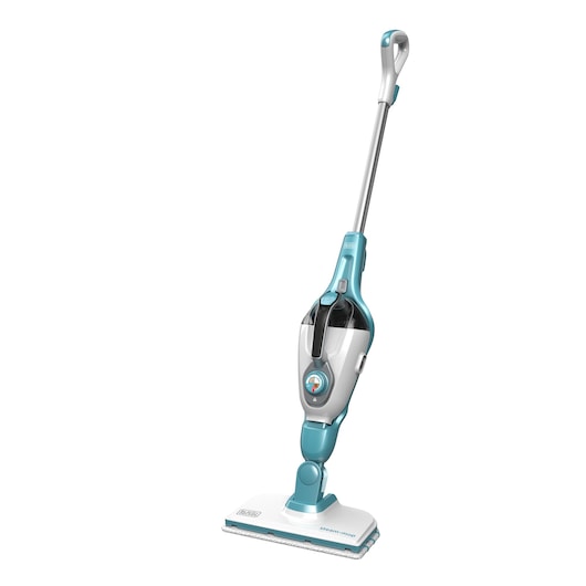 A BLACK+DECKER steam mop with a blue and white body, featuring a detachable water tank and a rectangular cleaning pad.