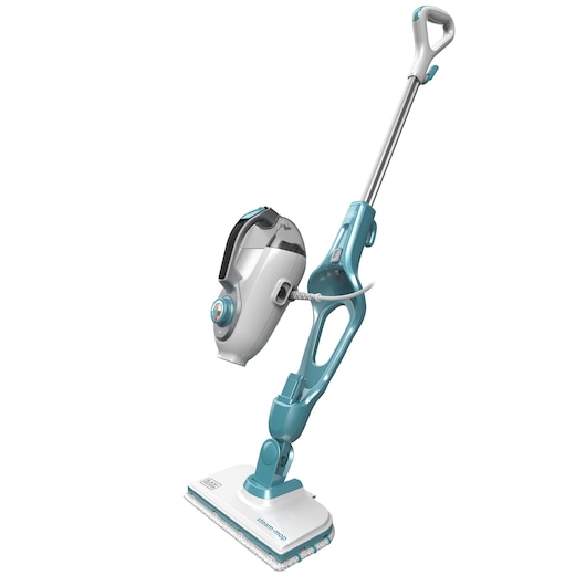 A BLACK+DECKER steam mop with a detachable handheld steamer, shown in a light blue and white color scheme.