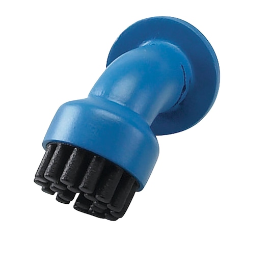 A close-up image of a blue and black cleaning brush attachment for a steam mop, designed for small areas or tough stains.