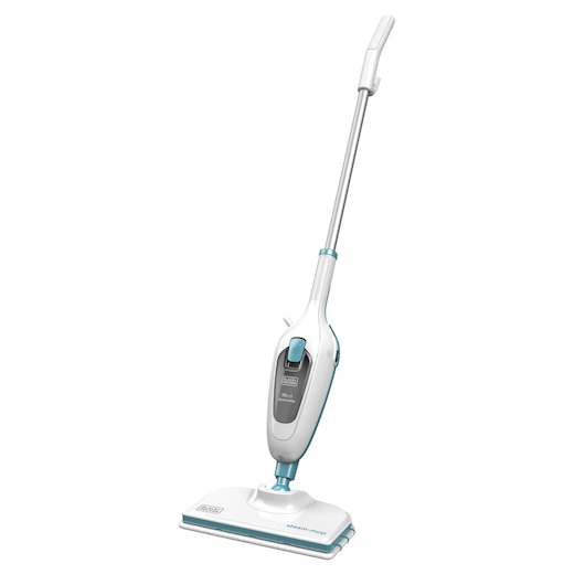 A WHITE AND LIGHT BLUE BLACK+DECKER upright steam mop with a rectangular cleaning head and a digital control panel, shown standing upright against a white background.