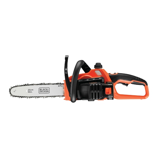 A BLACK+DECKER 25 cm (10 inch) cordless chainsaw with an orange and black body, shown on a white background.