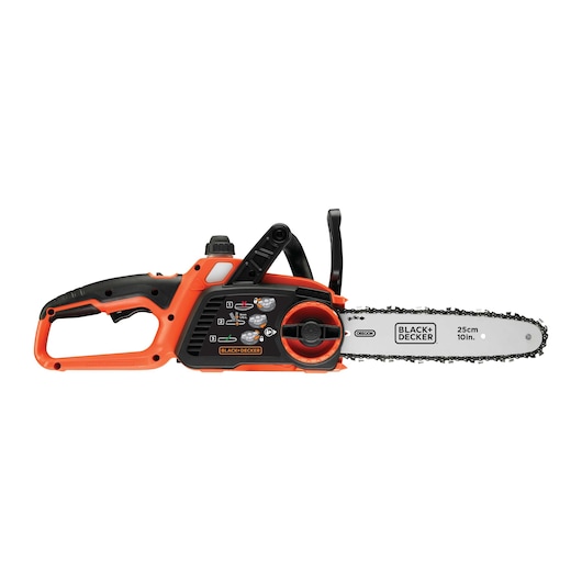 A BLACK+DECKER cordless chainsaw with an orange and black design, featuring a 25 cm (10 inch) Oregon bar and chain.
