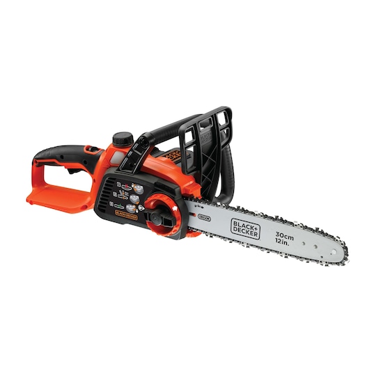 BLACK+DECKER 30cm (12 inch) cordless chainsaw with orange and black body, ergonomic handle, and safety guard.