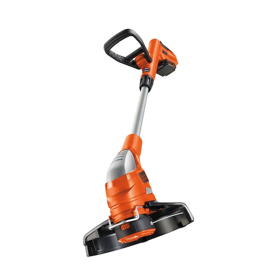 A BLACK+DECKER cordless orange and black grass trimmer with a curved shaft, battery pack, and ergonomic handle, displayed on a white background.